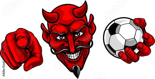 A devil man holding soccer football ball and pointing sports team mascot illustration.