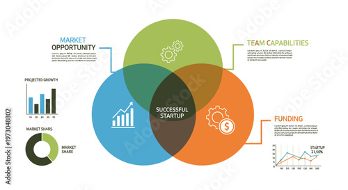 Understanding the crucial factors for startup success market opportunity, team capabilities, and strategic funding, represented as interdependent elements