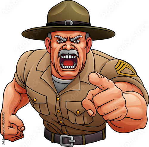 An angry drill instructor or sergeant bootcamp army soldier cartoon character