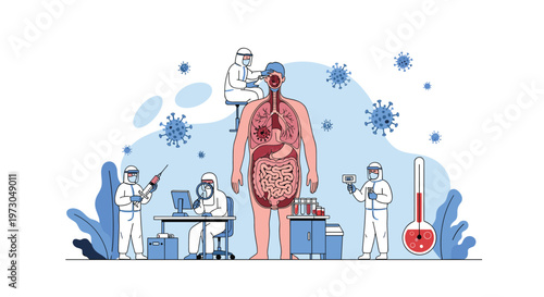 Medical researchers in protective gear studying a large human anatomy model to find a cure for a viral disease outbreak.