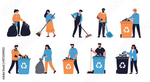Group of people performing environmental cleaning tasks such as sweeping and sorting waste into colorful recycling bins.