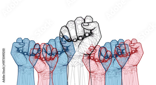 Power and unity are expressed through a graphic of multiple raised fists colored in blue, white, and red against a plain background.