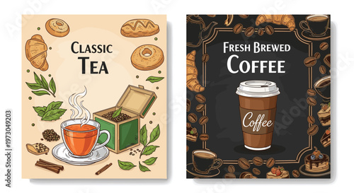 Vintage style beverage posters display hand-drawn illustrations for classic tea and fresh brewed coffee with various snack accompaniments.