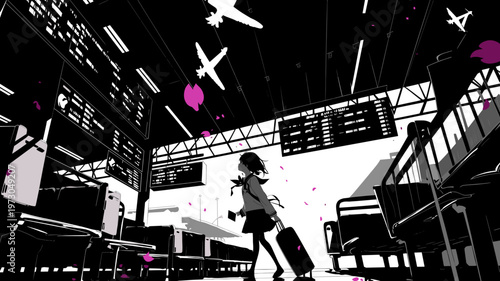 モノクロの駅で佇む少女のシルエット
