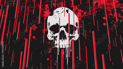 赤いスプラッシュと不気味なドクロのアート