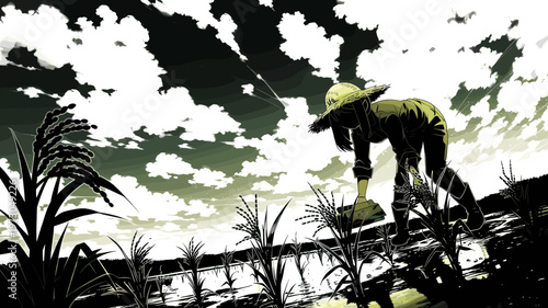 田園風景で働く農夫の水墨画風イラスト