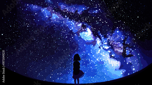 満天の星空と孤独なシルエット