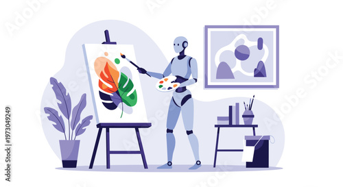 Humanoid robot demonstrates creative artificial intelligence by standing at an easel and painting a colorful leaf design on a large canvas.