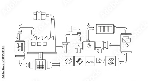 Industrial Process Diagram: Factory, Recycling, and Air Filtration System