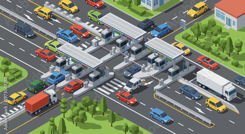 Busy Toll Booth Traffic Jam, Isometric View of Cars and Trucks Congested on Highway