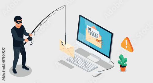 Cyber security threat is depicted as a masked criminal using a fishing rod to steal sensitive email information from a computer monitor.