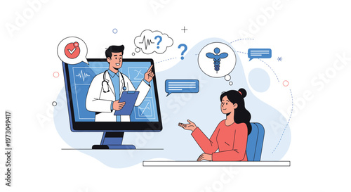 Patient consults with a doctor through a telemedicine platform on a computer screen, illustrating modern remote healthcare and technology.