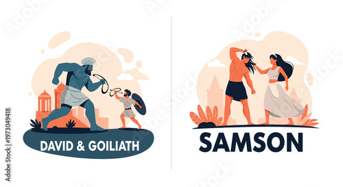 Famous biblical stories of David and Goliath and Samson and Delilah are portrayed in stylized flat illustrations with bold character designs.
