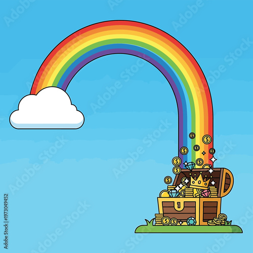 Colorful cartoon treasure chest overflowing coins.