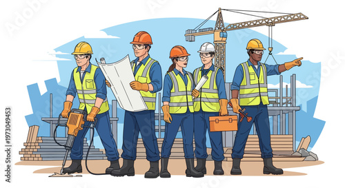 Construction Team With Blueprint, Crane, and Hard Hats on Building Site