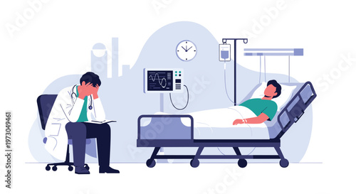 Dedicated doctor sits with his head in his hands by a patient's hospital bed, depicting the emotional stress and exhaustion of medical work.