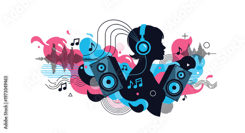 Artistic silhouette of a woman wearing headphones is surrounded by vibrant abstract waves and notes representing a deep passion for music.