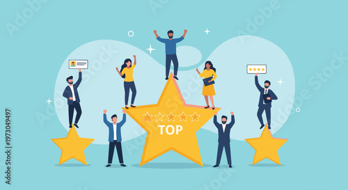 Successful team of diverse professionals celebrates their high performance while standing on and around a large golden five-star rating.