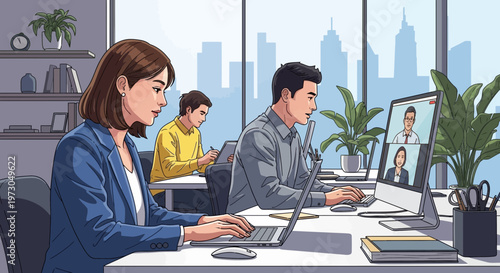 Diverse team collaborating remotely in modern office with video conference