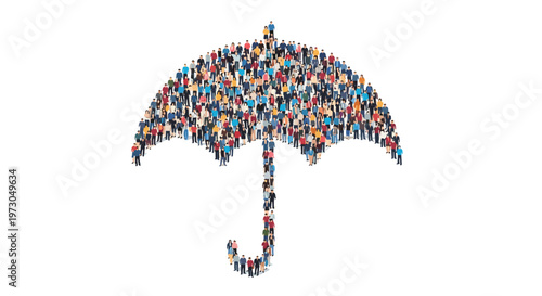 Large group of people come together to form the shape of an umbrella, symbolizing collective protection, security, and insurance coverage.