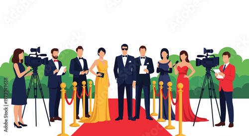 Celebrities in formal attire pose for photographers on a red carpet at a high-profile event, surrounded by cameras and media professionals.