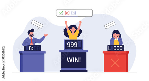 Tense game show environment features a host and two contestants, one celebrating a victory while the other reacts to a loss at their podium.