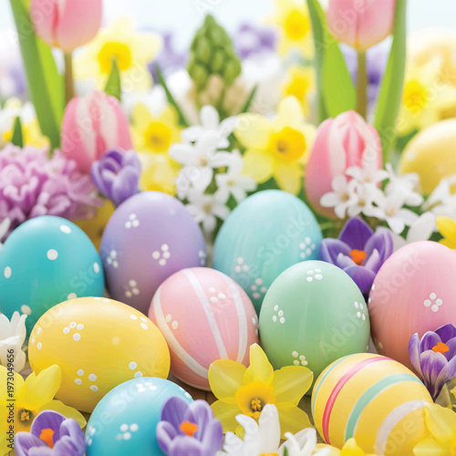 Colorful Easter Eggs in Blooming Flowers.