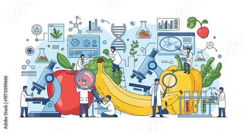 Food science research is depicted as laboratory technicians examine giant fruits and vegetables like apples and bananas using microscopes.