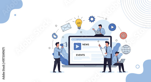 Digital media and news distribution are illustrated by professionals working around a large laptop screen displaying various video events.