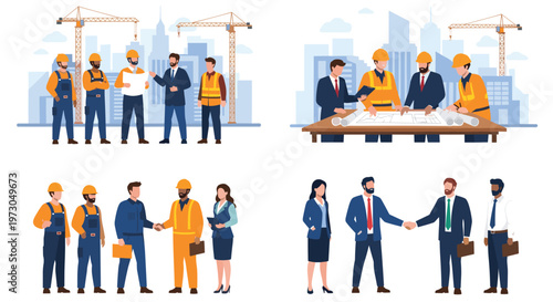 Professional construction and architecture teams collaborate on building plans and site management with a cityscape and cranes in the background.