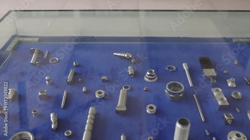 Precision Machined Metal Components and Spare Parts Displayed on Blue Velvet Background Showcase.
