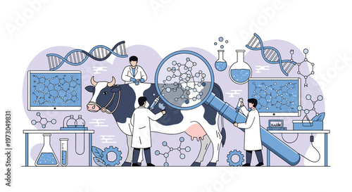 Scientists in a lab conducting genetic research and experiments on a cow with various high tech equipment and molecular structure diagrams.