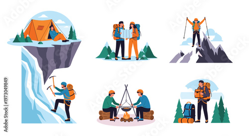 Adventure activities collection featuring hiking, mountain climbing, camping with a tent, and cooking over a campfire in the wilderness.