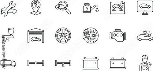 Automotive repair icons, car maintenance symbols, mechanic tools, vehicle service, garage workshop, engine diagnostics, oil change, brake disc, car battery, wheel