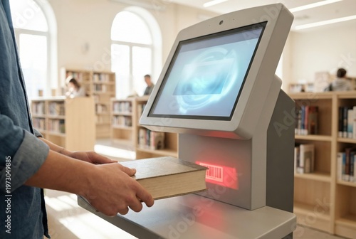 Man using self service book checkout machine in library. Student scanning library book for rental process. Automated technology in education system for checking out literature and knowledge.