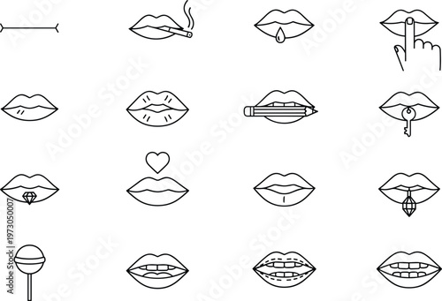 Lips icons, mouth symbols, kiss outline, silence design, cigarette lips, braces illustration, heart lips, lollipop mouth, fashion style, expression