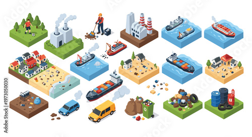 Isometric illustration of environmental issues including factory pollution, garbage on beaches, marine plastic, and waste management activities.