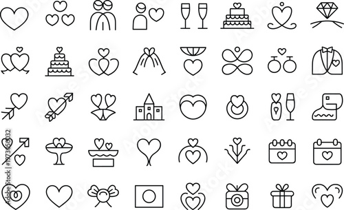 Love romance icons, wedding outline set, romantic symbol collection, heart couple vector pack, ring cake bouquet champagne illustration