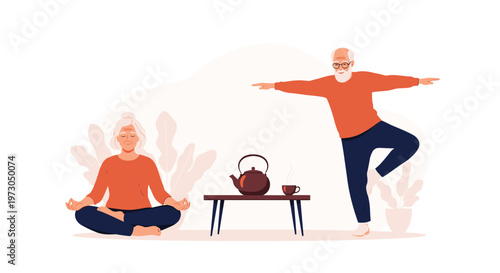Senior man and woman practicing yoga and meditation at home to maintain health, balance, and well being in a peaceful environment.