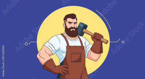 Strong male blacksmith wearing a leather apron and gloves holding a large hammer over his shoulder against a yellow circular background.