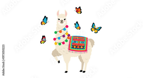 Adorable white llama decorated with colorful pom-poms and a traditional saddle stands among flying butterflies.