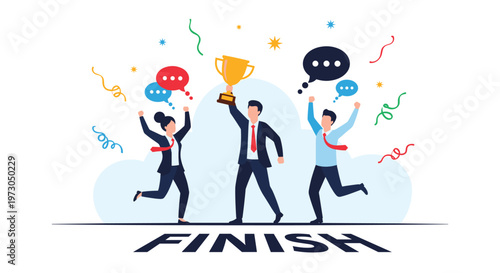 Group of joyful business colleagues celebrates reaching the finish line together while holding a golden victory trophy.