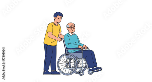 Compassionate young man assists an elderly gentleman by pushing him in a wheelchair while they spend time together.