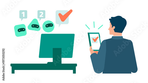 Autonomous AI agents executing complex business tasks on desktop while sending real-time completion notifications to businessman smartphone.