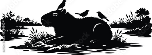 Capybara Silhouette Vector Illustration | Wetland Wildlife Scene with Birds for Nature Branding