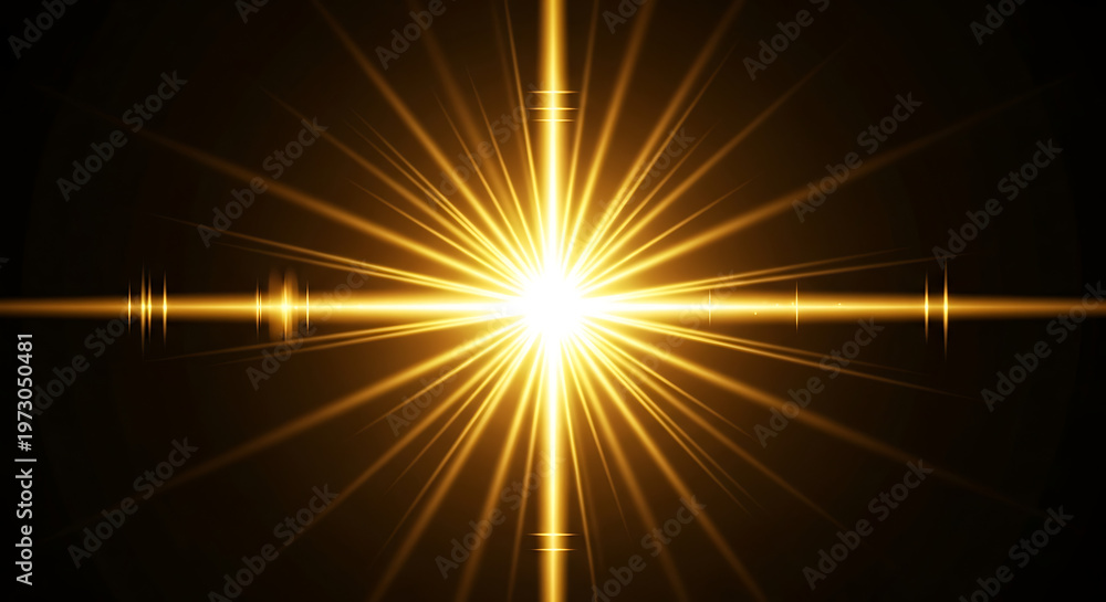 Obraz premium Bright Golden Starburst Explosion on a Dark Background with Lens Flare Effects