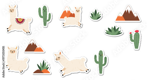 Set of cute decorative stickers featuring white llamas, various cacti, mountains, and desert plants for children.