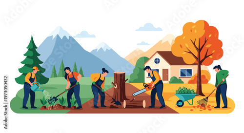 Team of hardworking gardeners collaborates on various landscaping tasks like planting, sawing wood, and raking leaves.