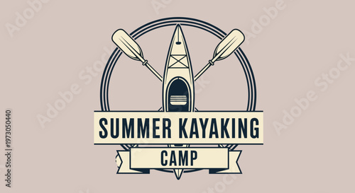 Retro style logo for a summer kayaking camp features a top-view kayak and crossed paddles within a circular frame.