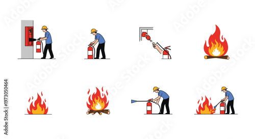 Informative step-by-step guide illustrates the correct procedure for using a fire extinguisher to put out a campfire.